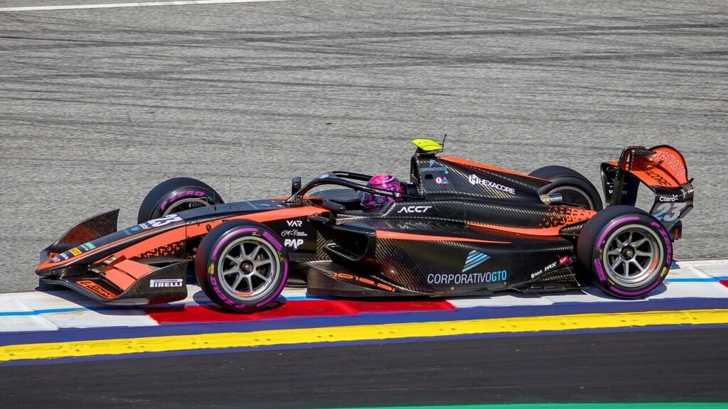 Rafael Villagómez driving a Formula 2 car in Austria in 2026