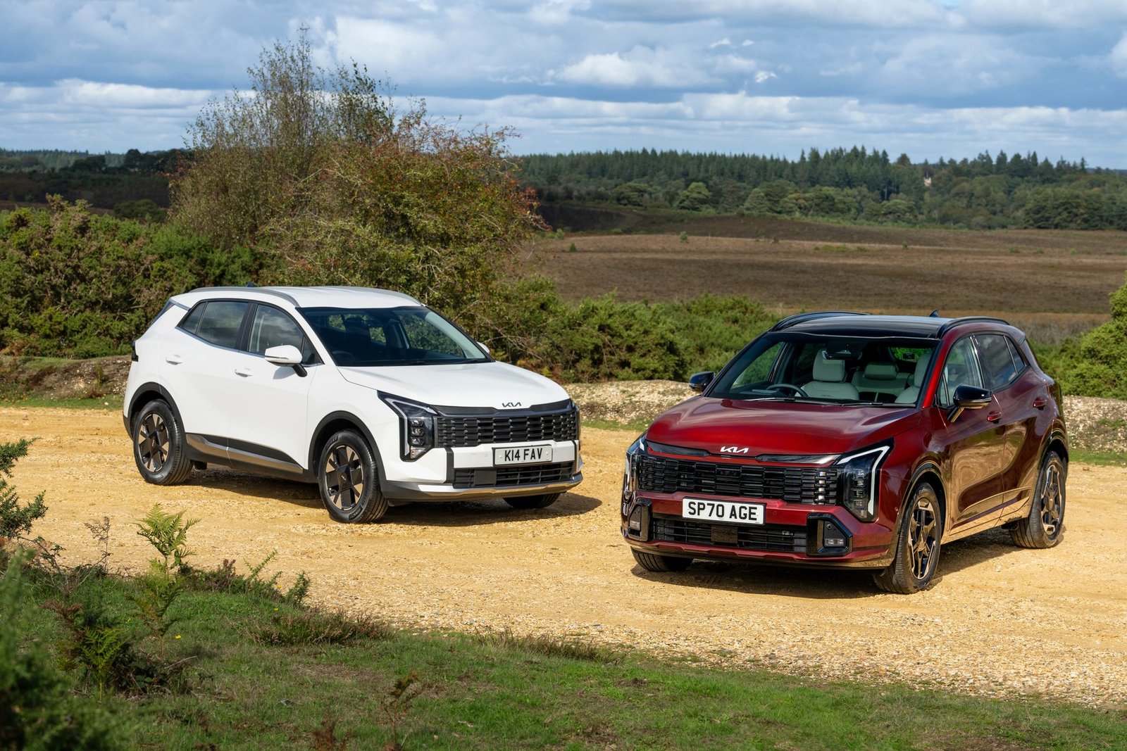 Kia Sportage HEV Pure (Fusion White) and Sportage GT-Line S (Magma Red)